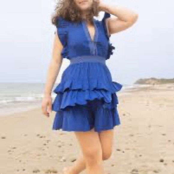 Nibi-Mtk Dresses & Skirts - Nibi-Mtk Royal Blue Ruffle Trim Mini Dress Size L Tiered Coquette Tie Back